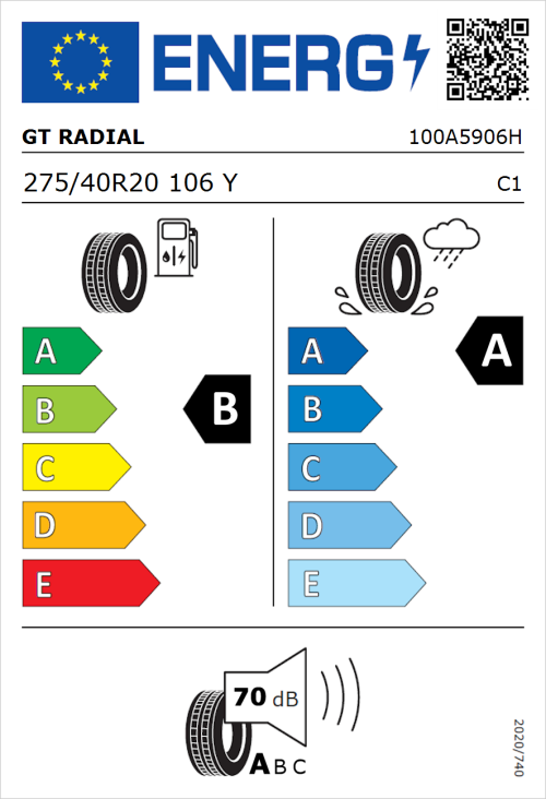 Tyre Label for GT Radial SportActive 2 SUV 275/40R20 106Y